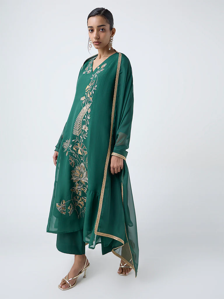 Vark Green Floral Embroidered A-Line Ethnic Set - Image 2