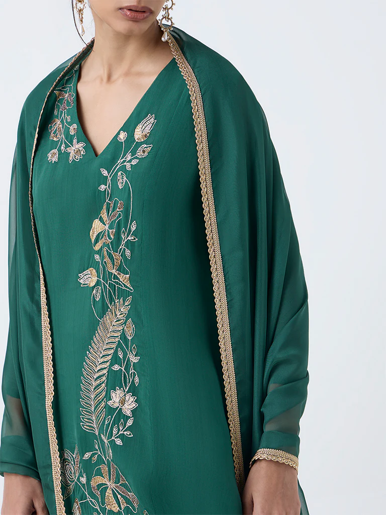 Vark Green Floral Embroidered A-Line Ethnic Set - Image 3