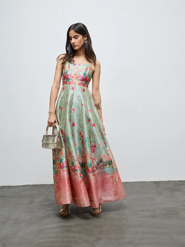 Vark Green Floral Pattern A-Line Dress - Image 2
