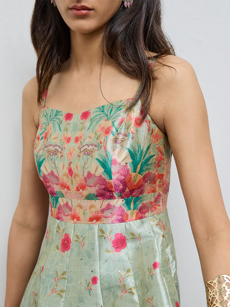 Vark Green Floral Pattern A-Line Dress - Image 3