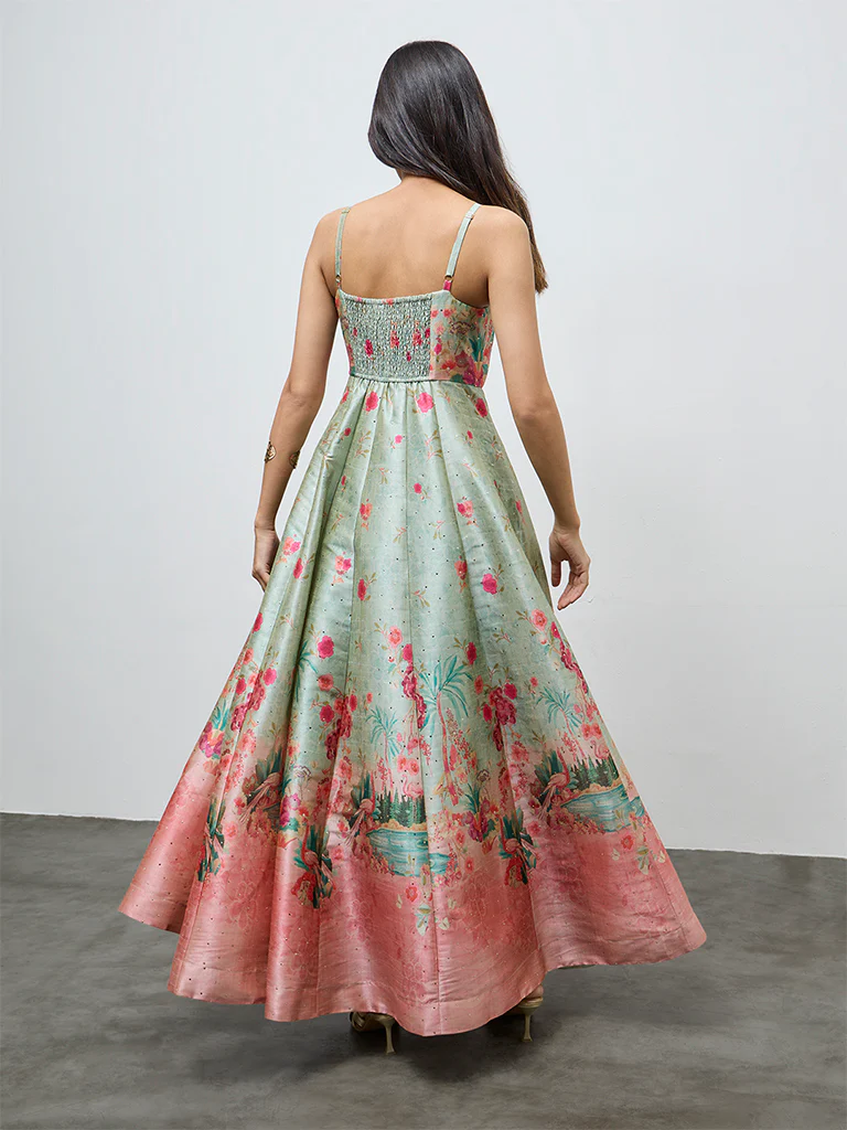 Vark Green Floral Pattern A-Line Dress - Image 4