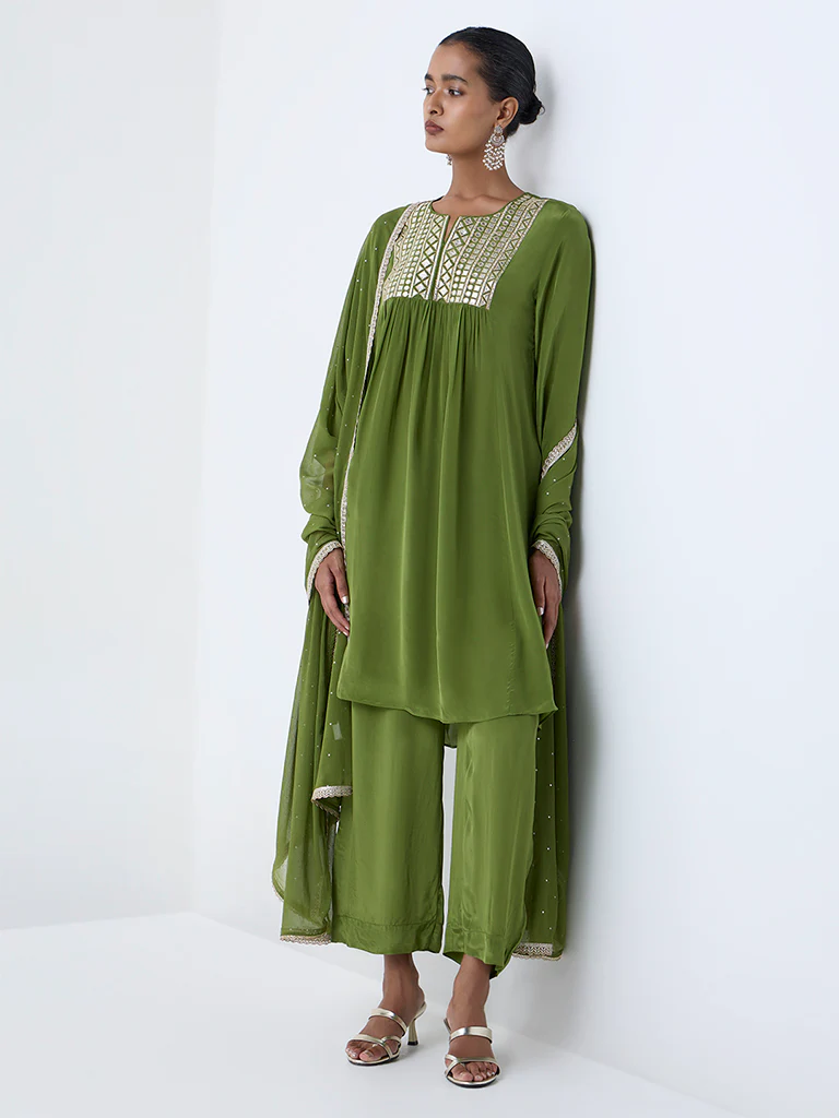 Vark Green Mirror-Detailed Fit-and-Flare Ethnic Set