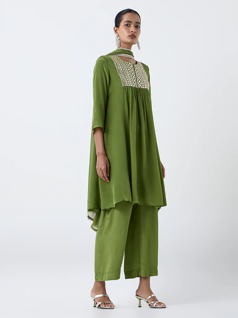 Vark Green Mirror-Detailed Fit-and-Flare Ethnic Set - Image 2