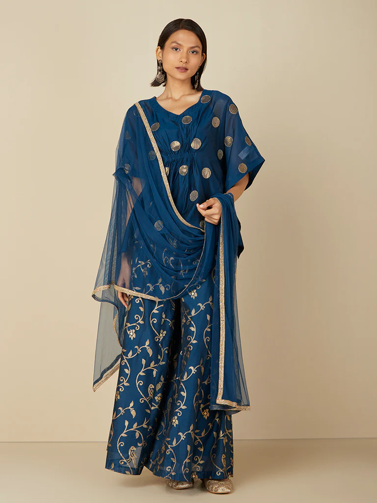 Vark Indigo Cotton Kaftan, Gharara & Dupatta Set - Image 3
