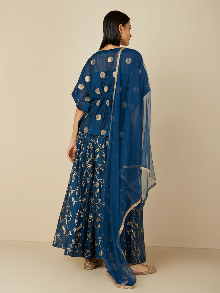 Vark Indigo Cotton Kaftan, Gharara & Dupatta Set - Image 4