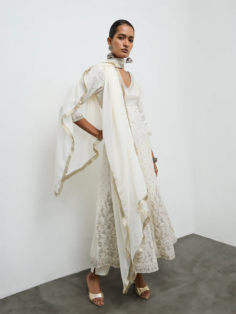 Vark Ivory Embellished Ethnic Cotton-Blend Anarkali Set