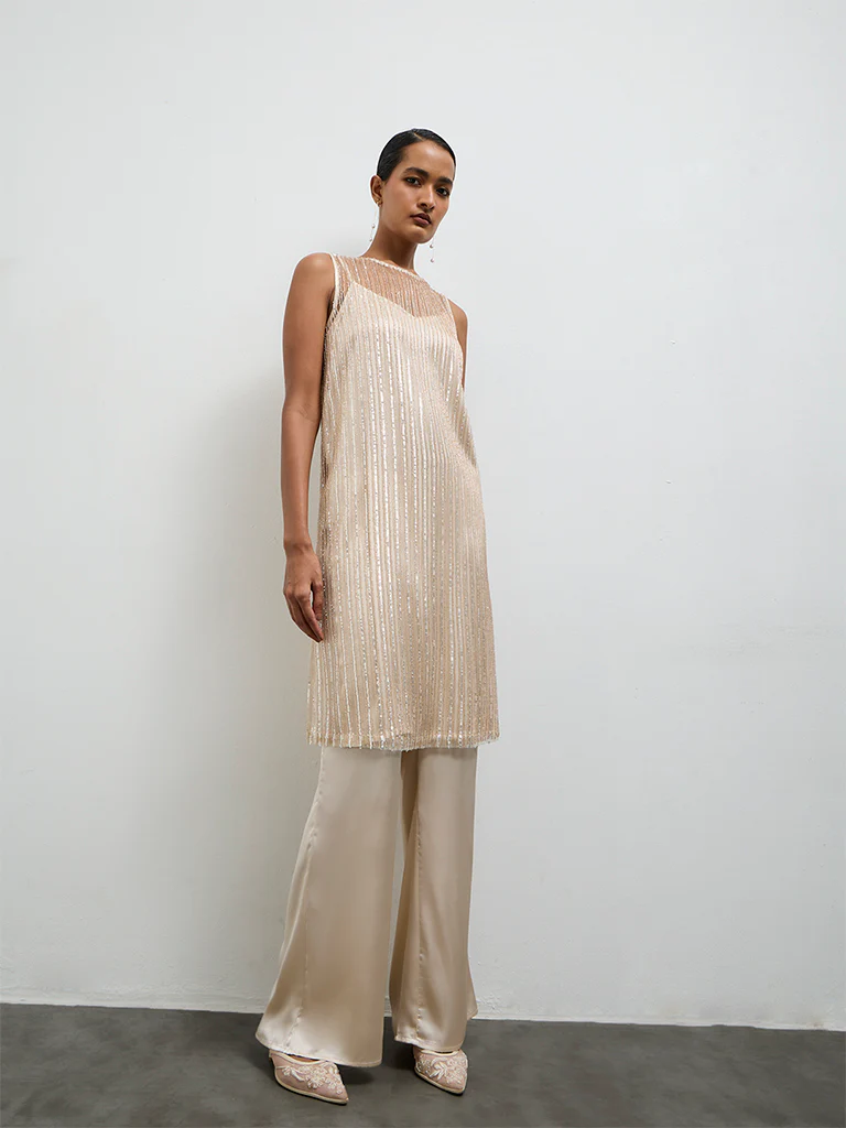 Vark Ivory Embellished Straight Ethnic Set with a Camisole - Image 2