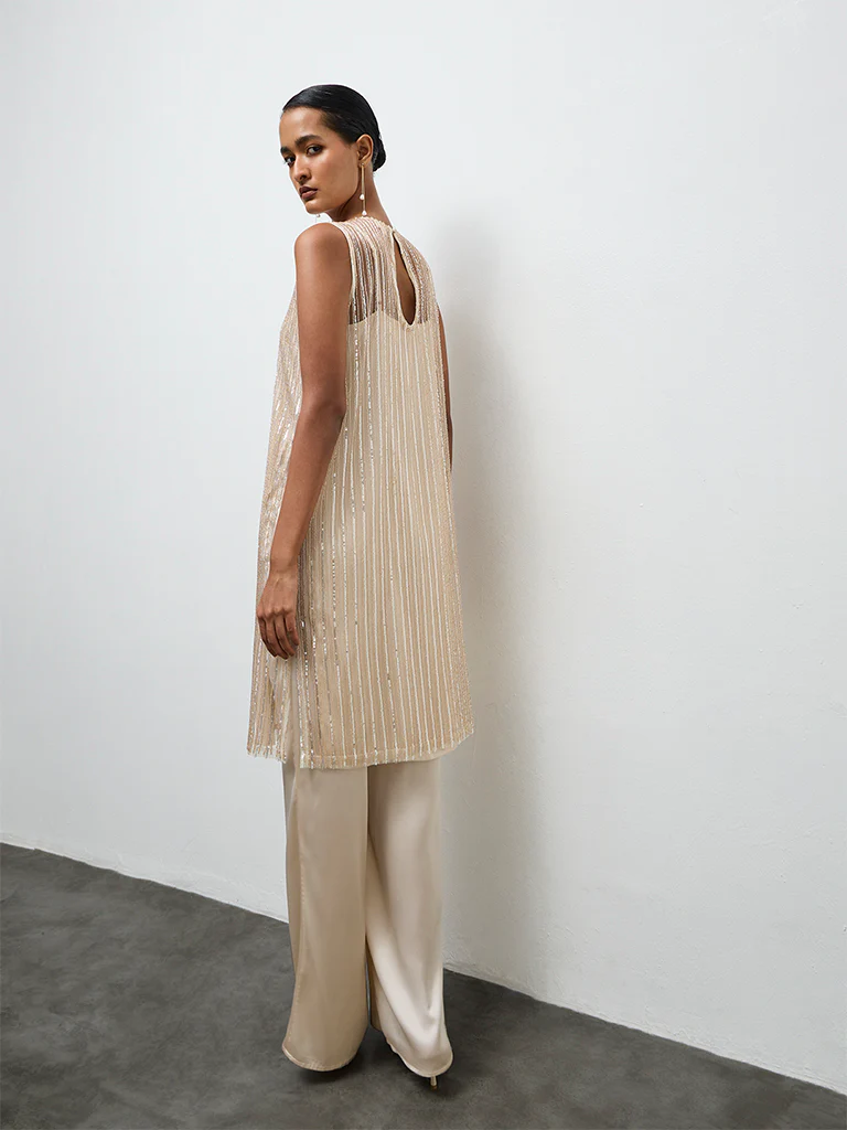 Vark Ivory Embellished Straight Ethnic Set with a Camisole - Image 4