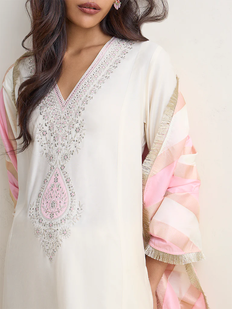 Vark Ivory Embroidered A-Line Ethnic Set - Image 3