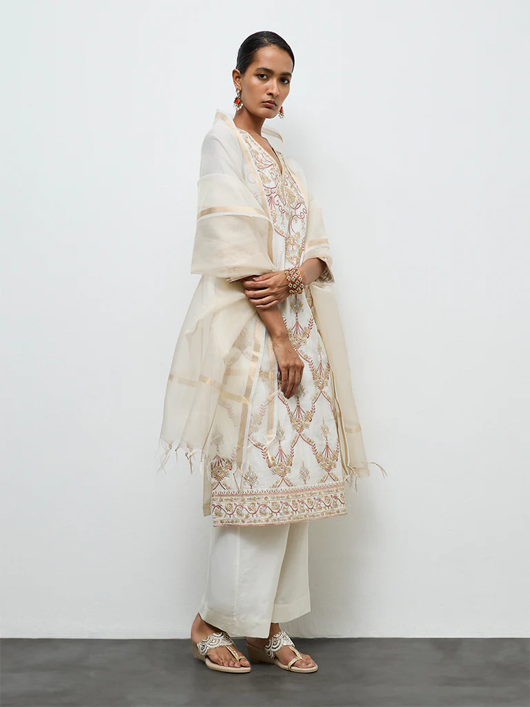 Vark Ivory Floral Embroidered Cotton-Blend A-Line Ethnic Set