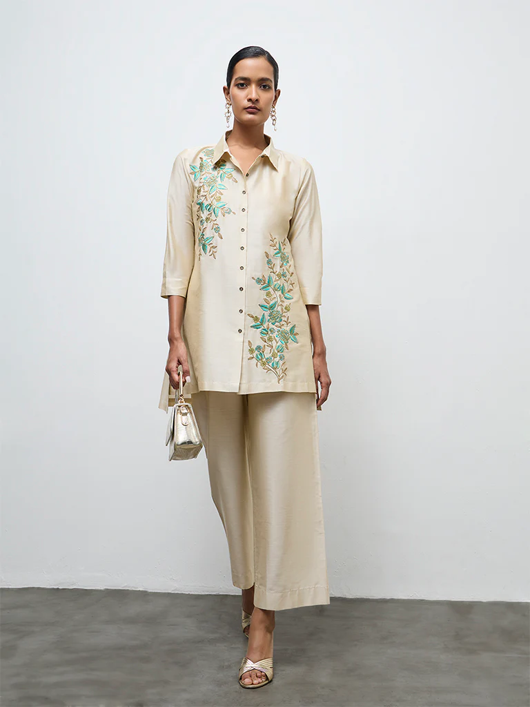 Vark Ivory Floral Embroidered Straight Ethnic Set
