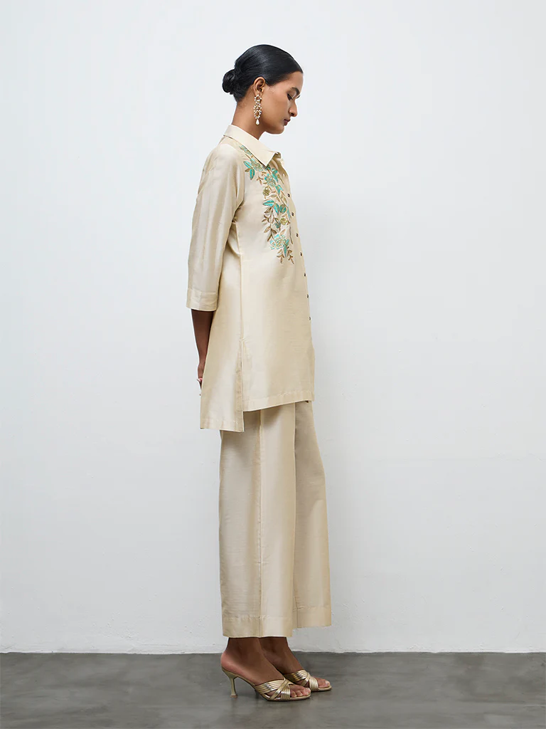 Vark Ivory Floral Embroidered Straight Ethnic Set - Image 2