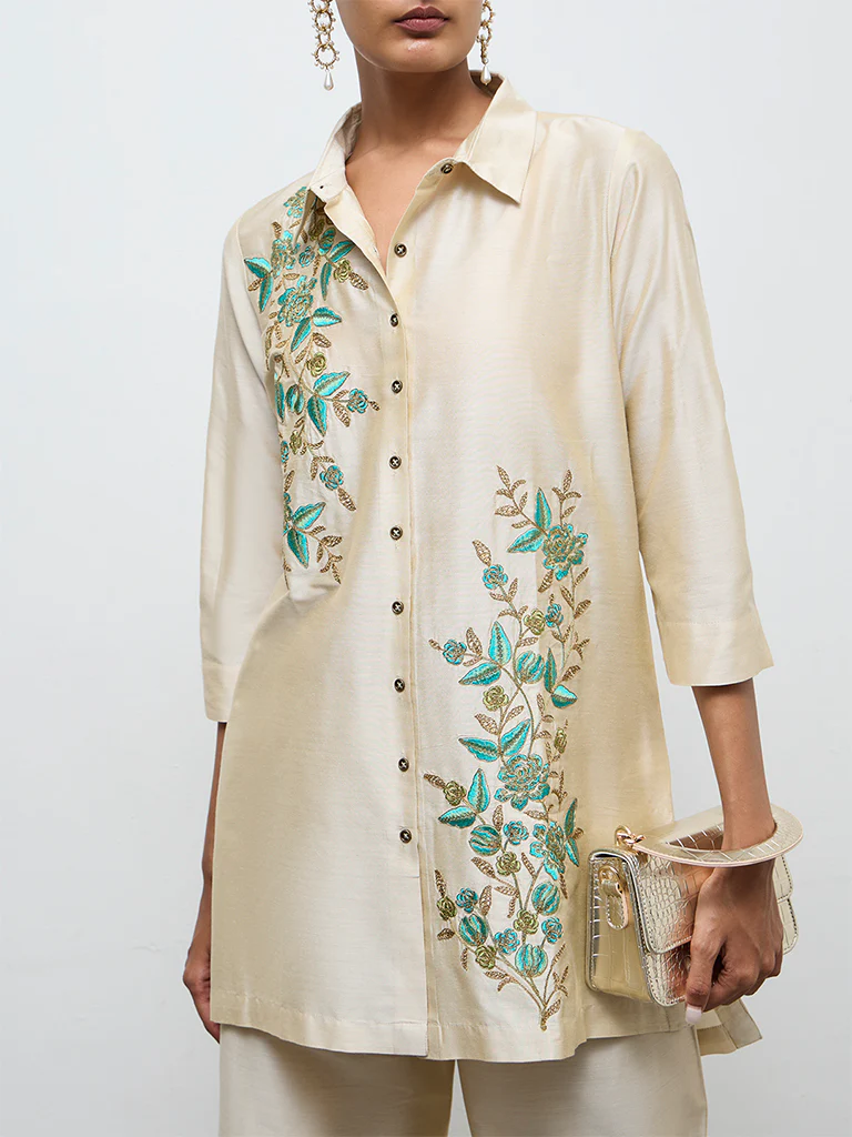 Vark Ivory Floral Embroidered Straight Ethnic Set - Image 3