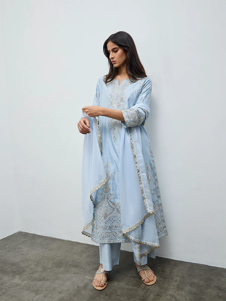 Vark Light Blue Embellished A-Line Ethnic Set - Image 3