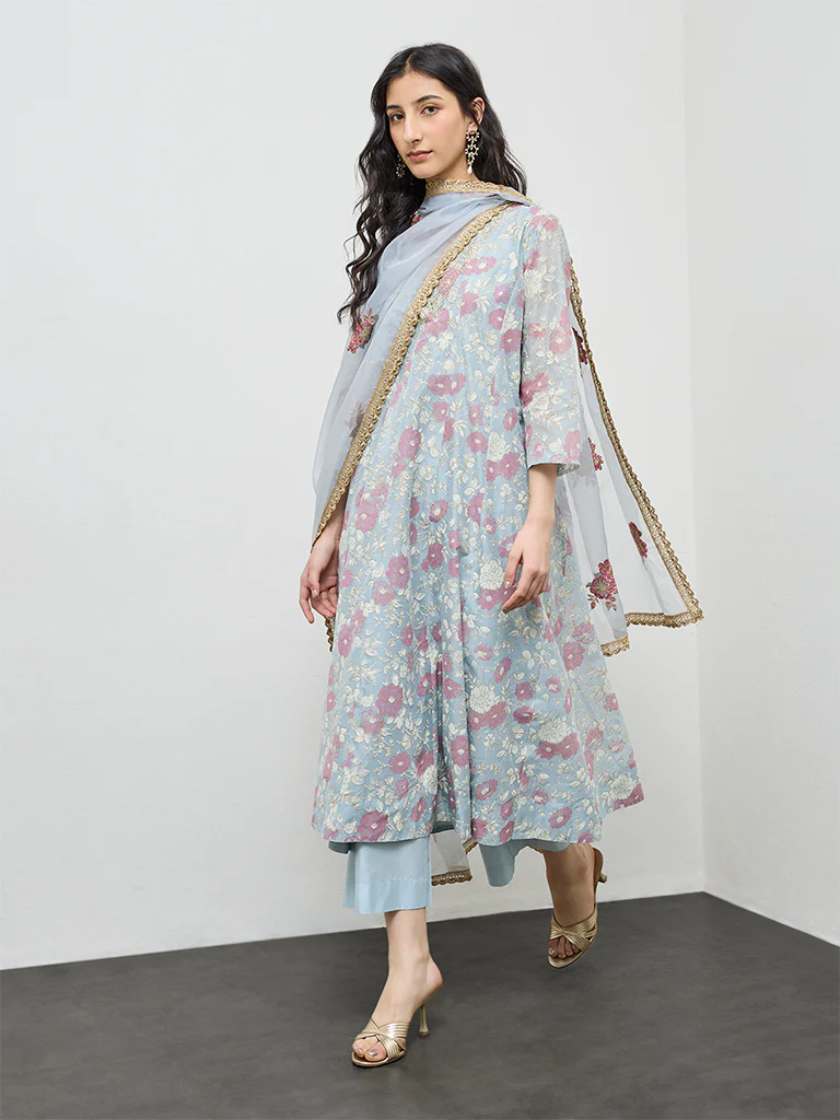 Vark Light Blue Floral Cotton-Blend A-Line Ethnic Set