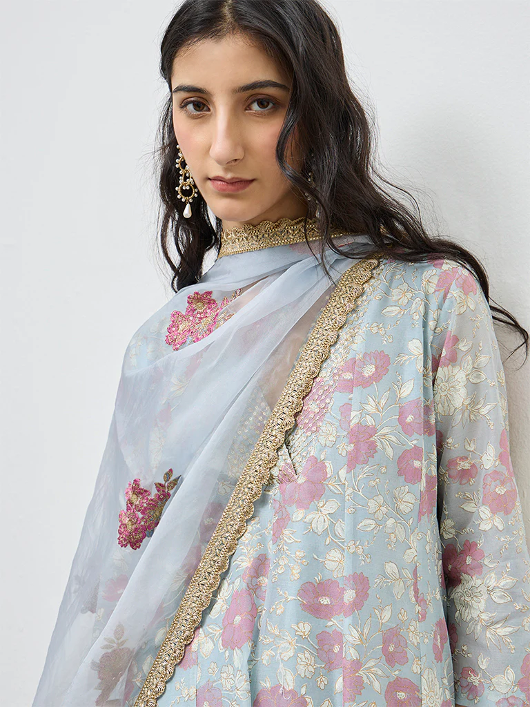 Vark Light Blue Floral Cotton-Blend A-Line Ethnic Set - Image 3