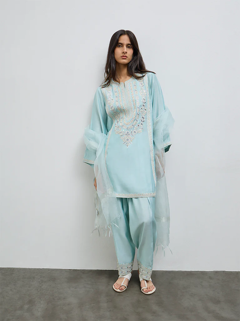 Vark Light Blue Floral Embroidered A-Line Ethnic Set