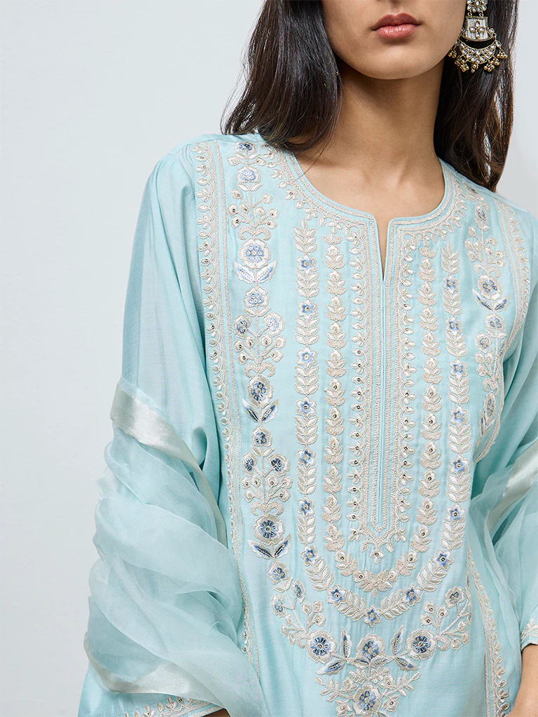 Vark Light Blue Floral Embroidered A-Line Ethnic Set - Image 3