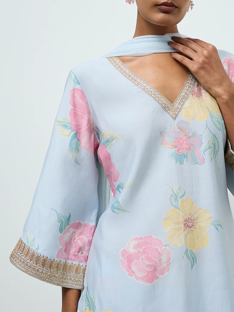 Vark Light Blue Floral Printed A-Line Ethnic Set - Image 3