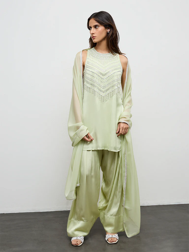 Vark Light Lime Embellished A-Line Ethnic Set