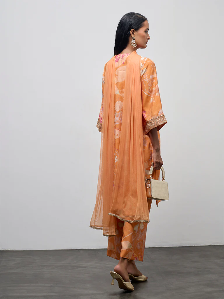 Vark Light Orange Floral Printed A-Line Ethnic Set - Image 4