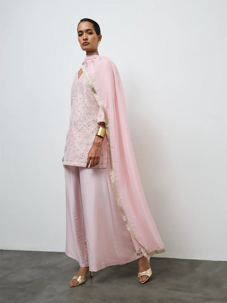 Vark Light Pink Embellished Cotton-Blend Ethnic Set