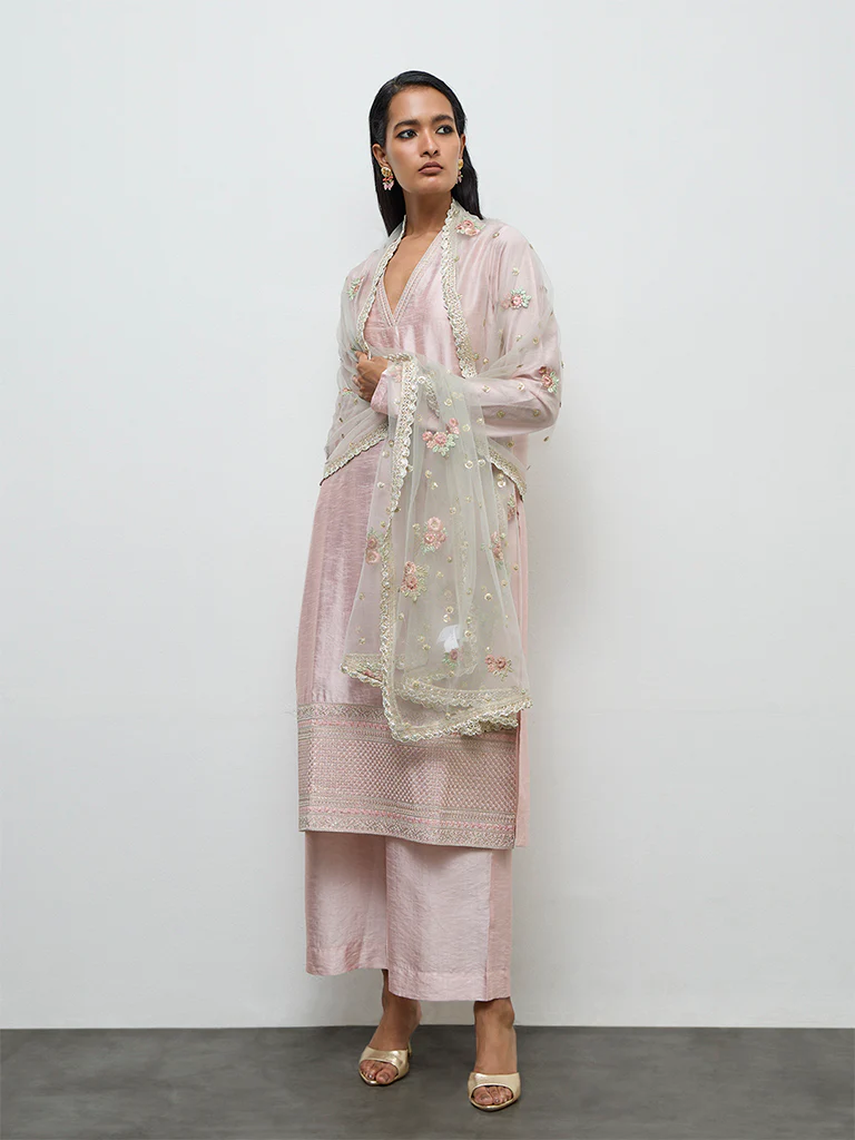Vark Light Pink Embroidered A-Line Ethnic Set - Image 2