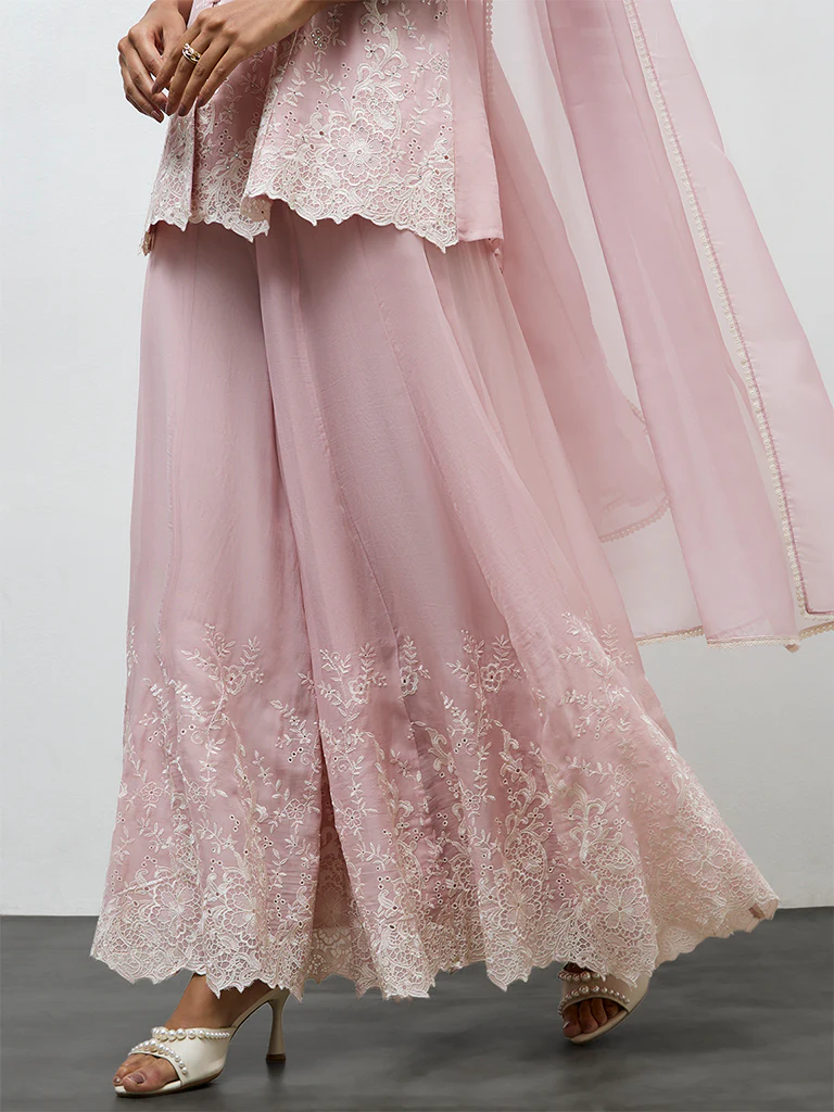 Vark Light Pink Floral Embroidered Ethnic Set - Image 3