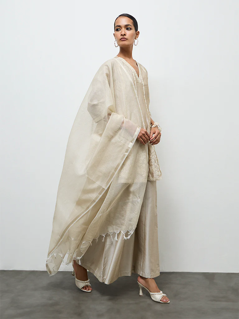 Vark Light Taupe Embroidered A-Line Ethnic Set