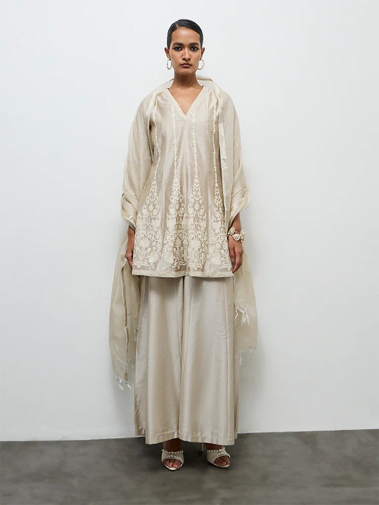 Vark Light Taupe Embroidered A-Line Ethnic Set - Image 2