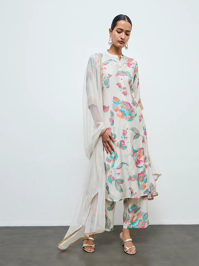 Vark Light Taupe Floral Pattern A-Line Ethnic Set