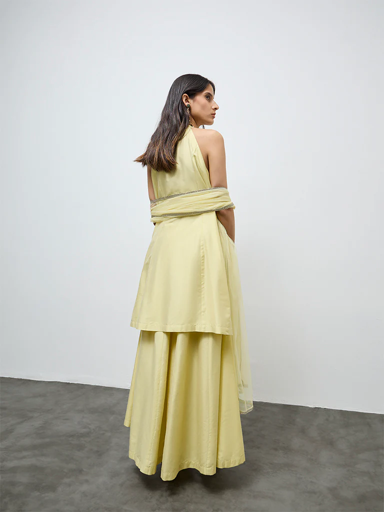 Vark Light Yellow Floral Embroidered A-Line Ethnic Set - Image 4