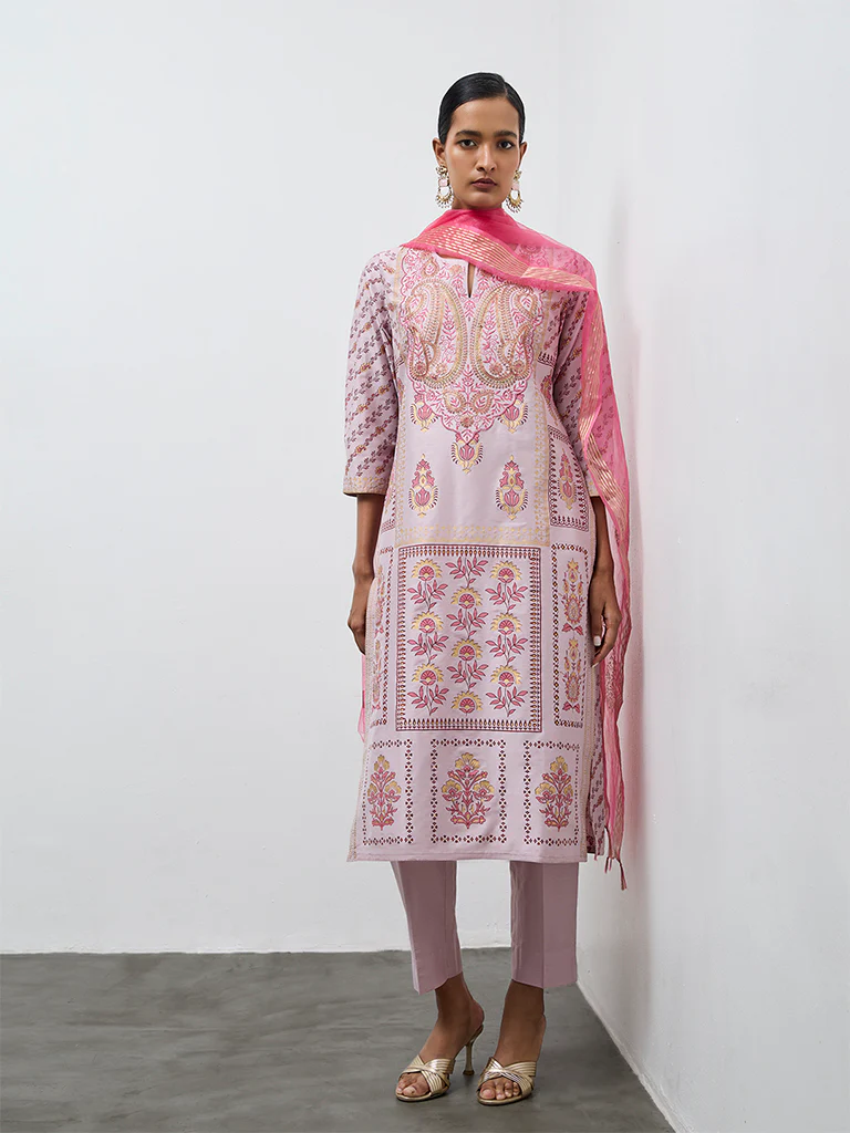 Vark Lilac Printed A-Line Kurta Ethnic Set - Image 2