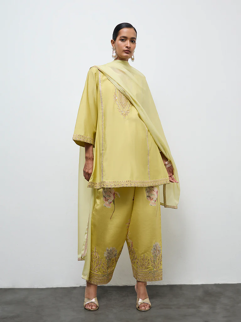 Vark Lime Embellished A-Line Kurta Ethnic Set