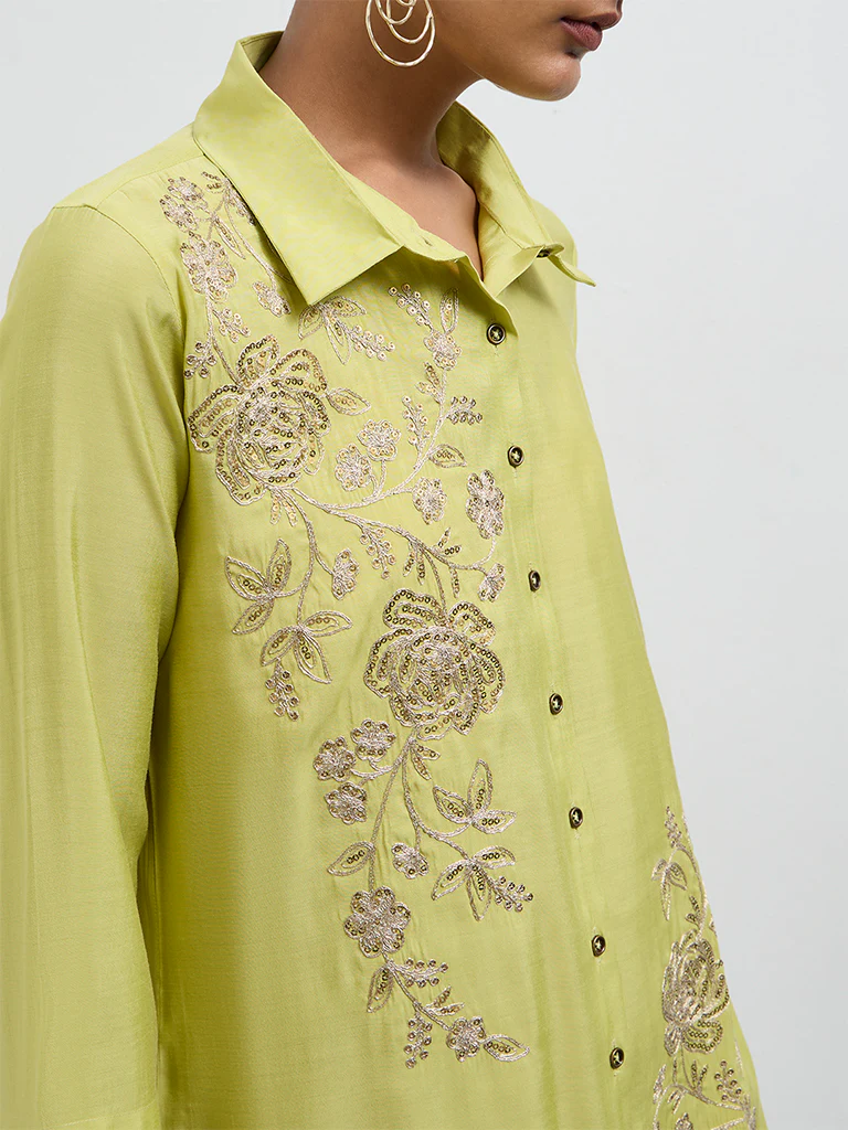 Vark Lime Floral Embroidered Straight Ethnic Set - Image 3
