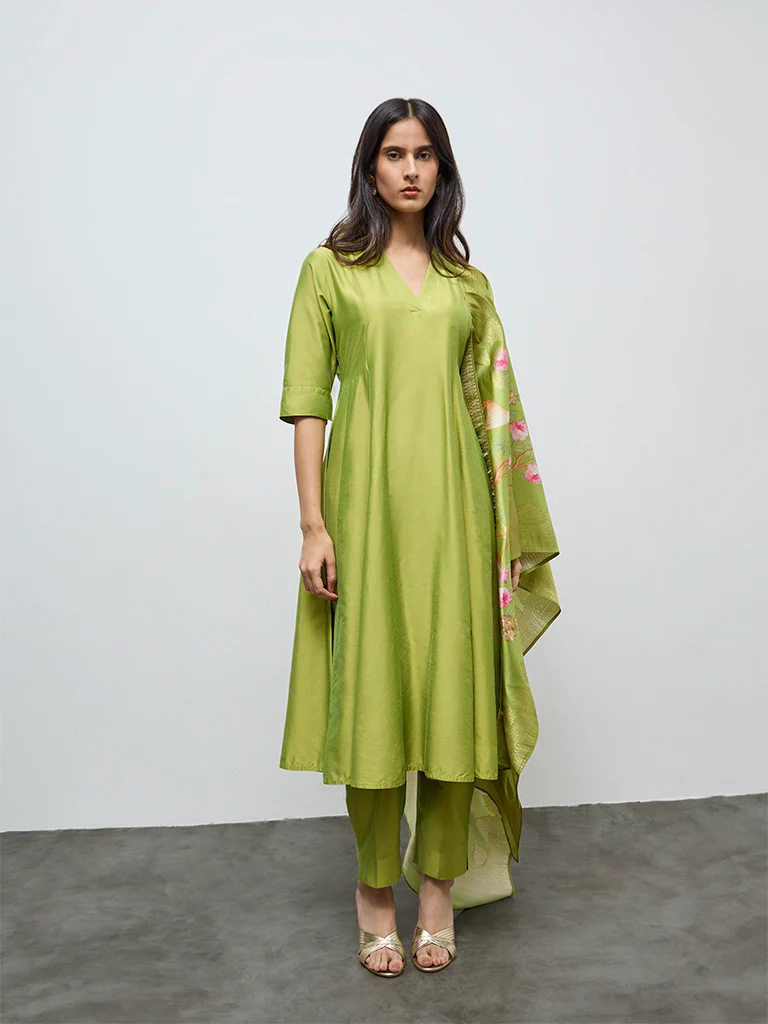 Vark Lime Solid Anarkali Ethnic Set