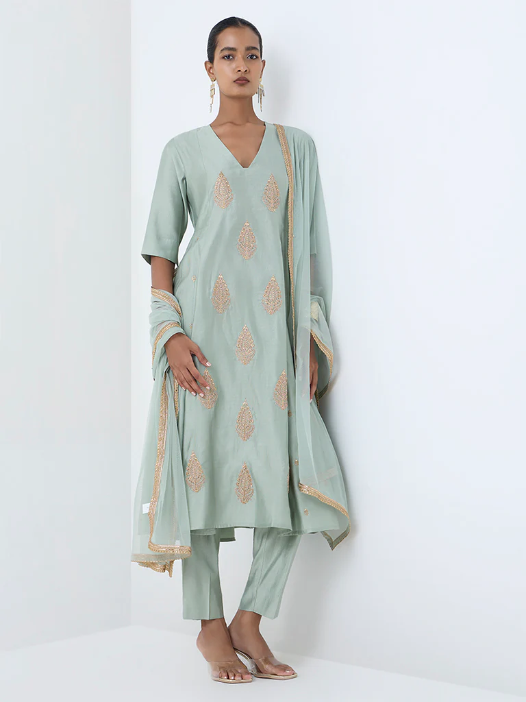 Vark Mint Embroidered Anarkali Ethnic Set