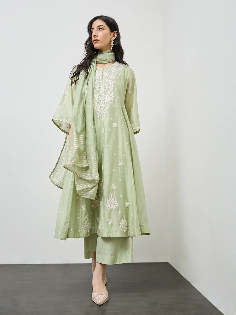 Vark Mint Embroidered Cotton-Blend A-Line Ethnic Set - Image 2