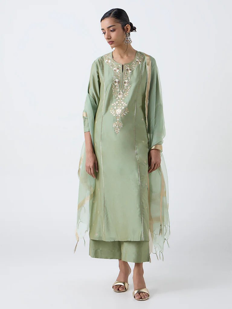 Vark Mint Floral Embroidered A-Line Ethnic Set