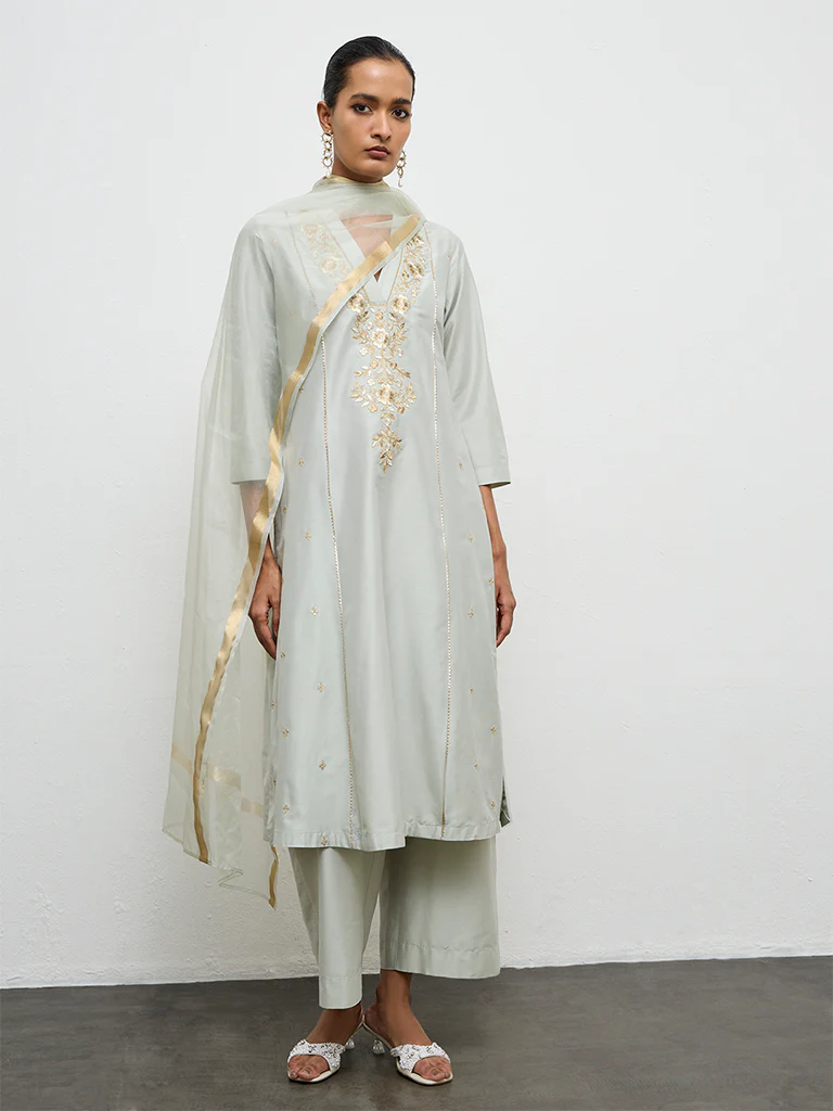 Vark Mint Floral Embroidered A-Line Ethnic Set