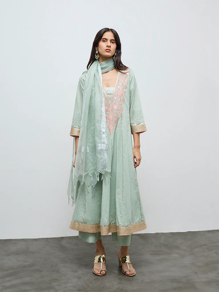 Vark Mint Floral Embroidered Cotton-Blend A-Line Ethnic Set
