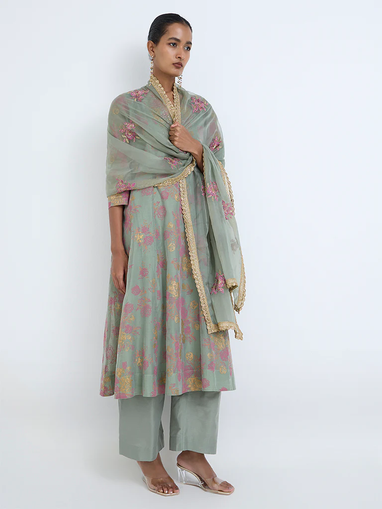 Vark Mint Floral Pattern Anarkali Cotton-Blend Ethnic Set