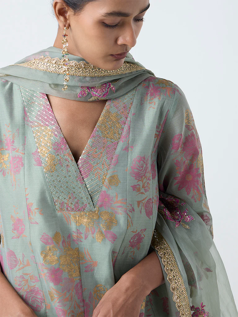 Vark Mint Floral Pattern Anarkali Cotton-Blend Ethnic Set - Image 3