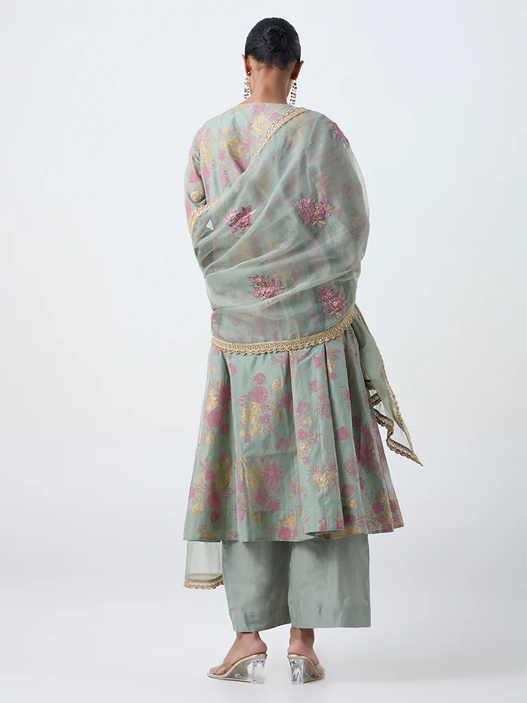 Vark Mint Floral Pattern Anarkali Cotton-Blend Ethnic Set - Image 4