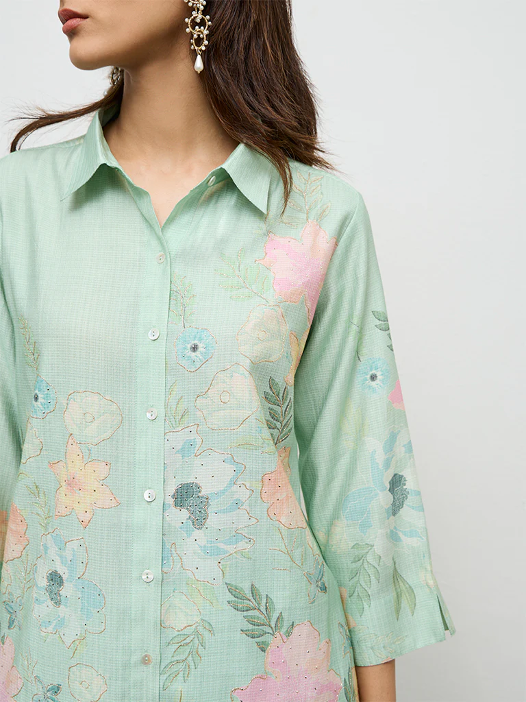 Vark Mint Green Floral Printed Ethnic Set - Image 3