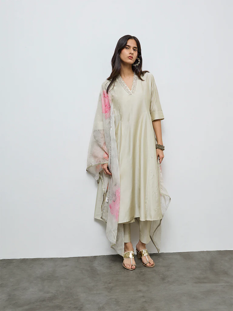 Vark Off-White Embellished A-Line Ethnic Set