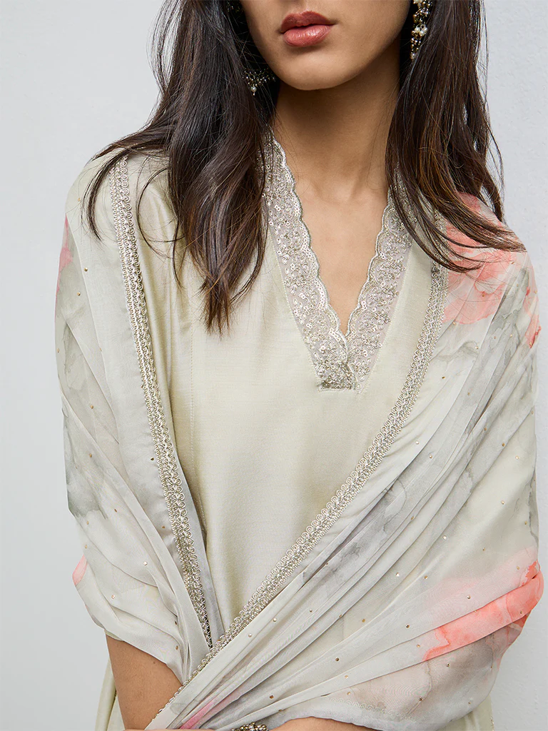 Vark Off-White Embellished A-Line Ethnic Set - Image 3