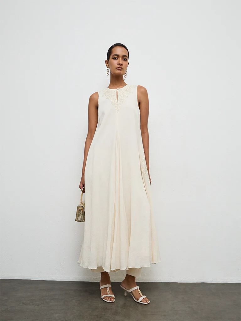 Vark Off-White Embroidered A-Line Dress