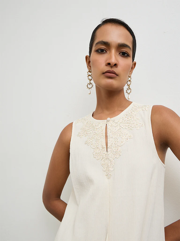 Vark Off-White Embroidered A-Line Dress - Image 3