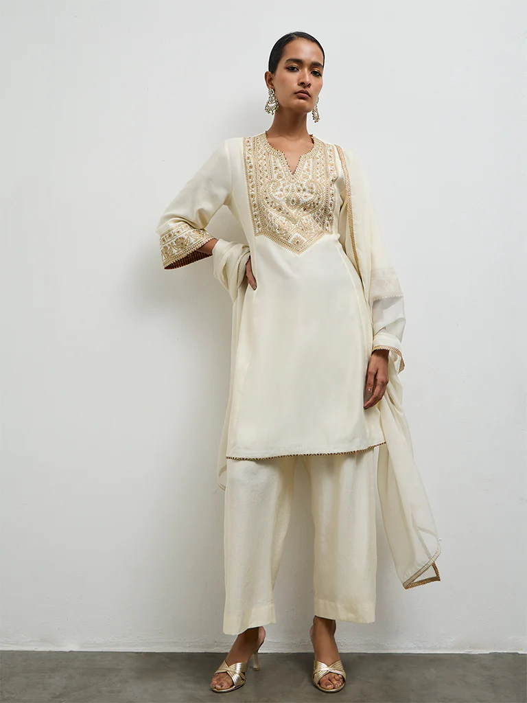 Vark Off-White Embroidered A-Line Ethnic Set - Image 2
